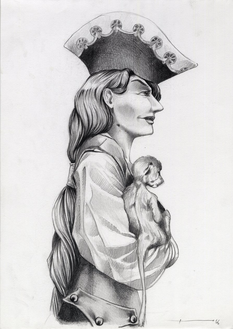 Profielportret van een piratenvrouw uit de Caraïben, met een klein aapje in haar armen door Alessandro Lonati