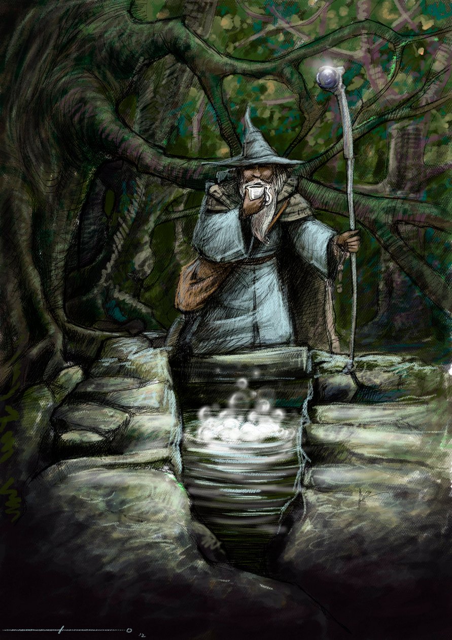 Representatie van een druïde die drinkt bij de wonderbaarlijke fontein van Barenton, in het bos van Brocéliande - Illustratie door Alessandro Lonati - 2012 door Alessandro Lonati