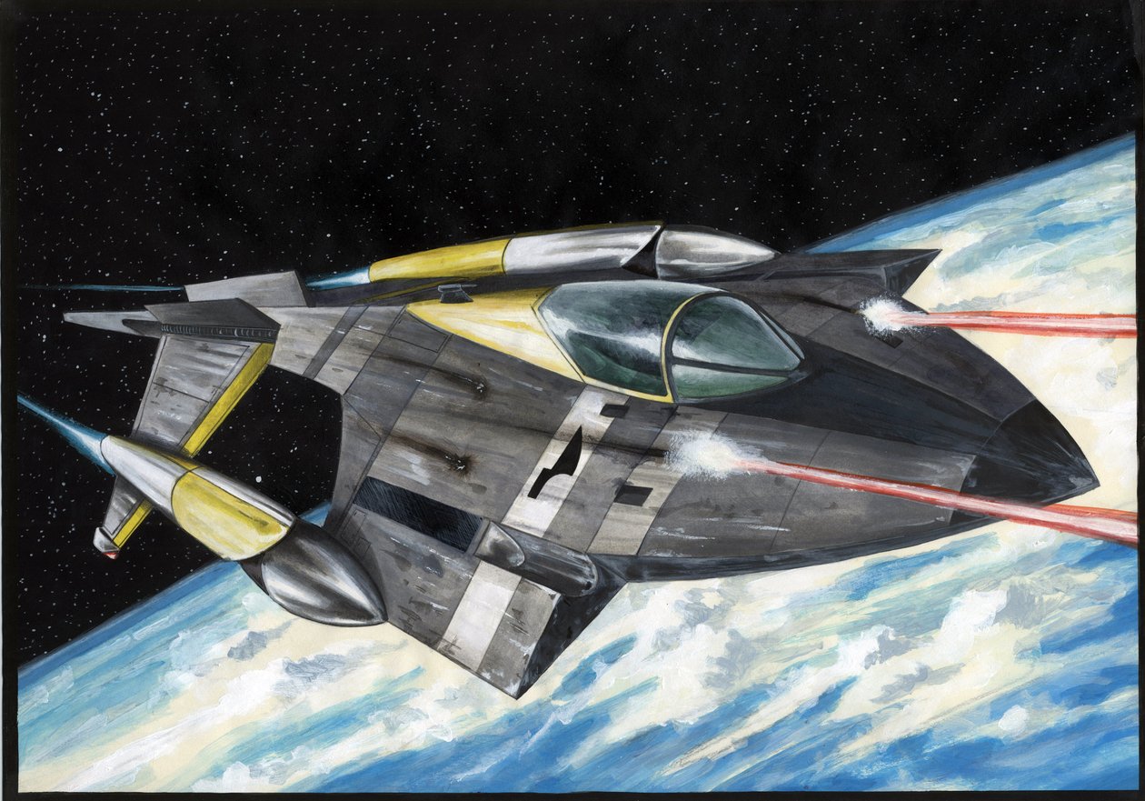 Sciencefiction illustratie: ruimteschip dat laserstralen afvuurt op planeet Aarde door Alessandro Lonati