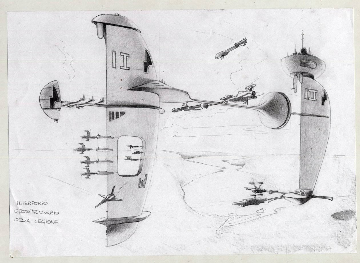 Sciencefiction illustratie: ruimtebasis in het universum met schepen door Alessandro Lonati