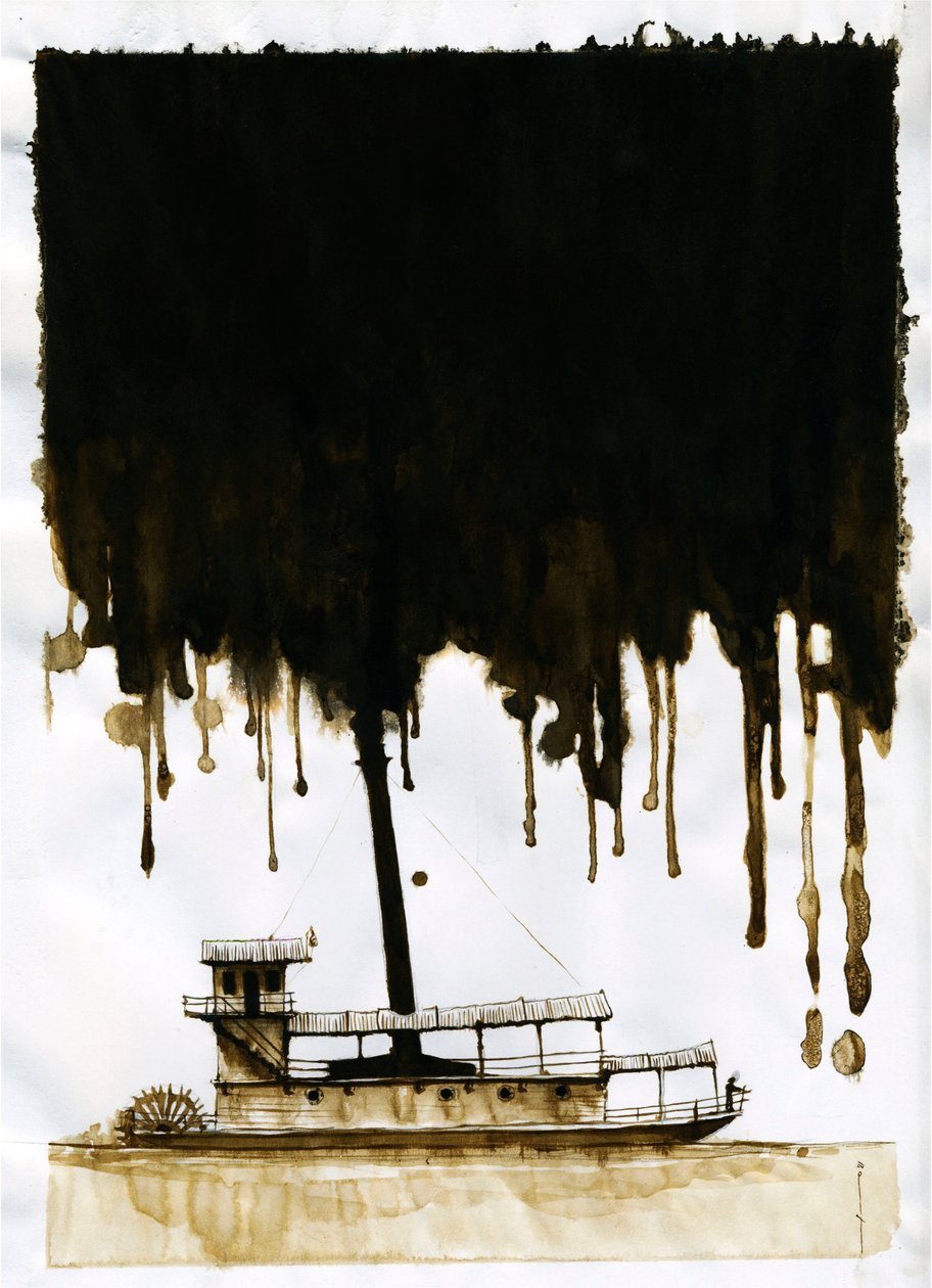 Stoomschip Illustratie van de nieuwe "In het hart van de duisternis" door Joseph Conrad. 2012 door Alessandro Lonati