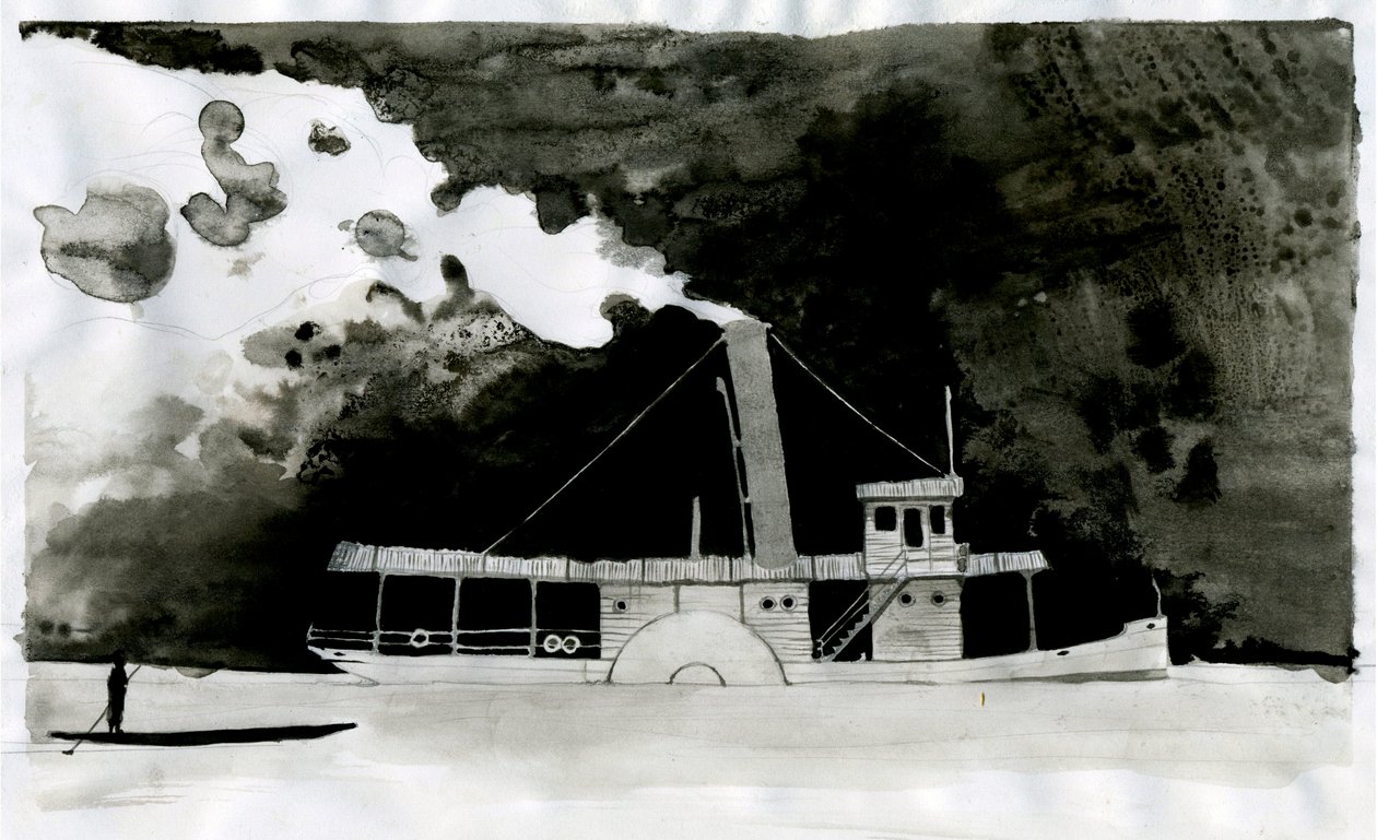 Stoomschip Illustratie van de nieuwe "In het hart van de duisternis" door Joseph Conrad. 2012 door Alessandro Lonati