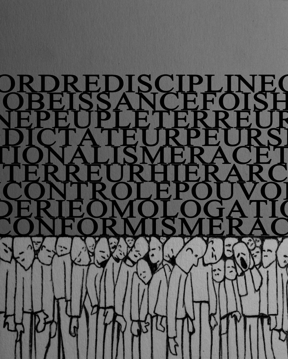Het gewicht van dictatuur, repressie, discipline over de mens, menigte verpletterd door macht en angst voor tirannen - Illustratie 2014 door Alessandro Lonati