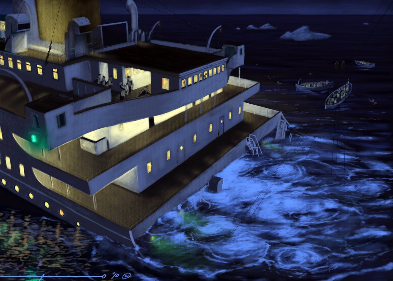 Zicht op de trans-Atlantische lijnboot Titanic tijdens het zinken op 14 en 15 april 1912. Illustratie door Alessandro Lonati, 2010 door Alessandro Lonati