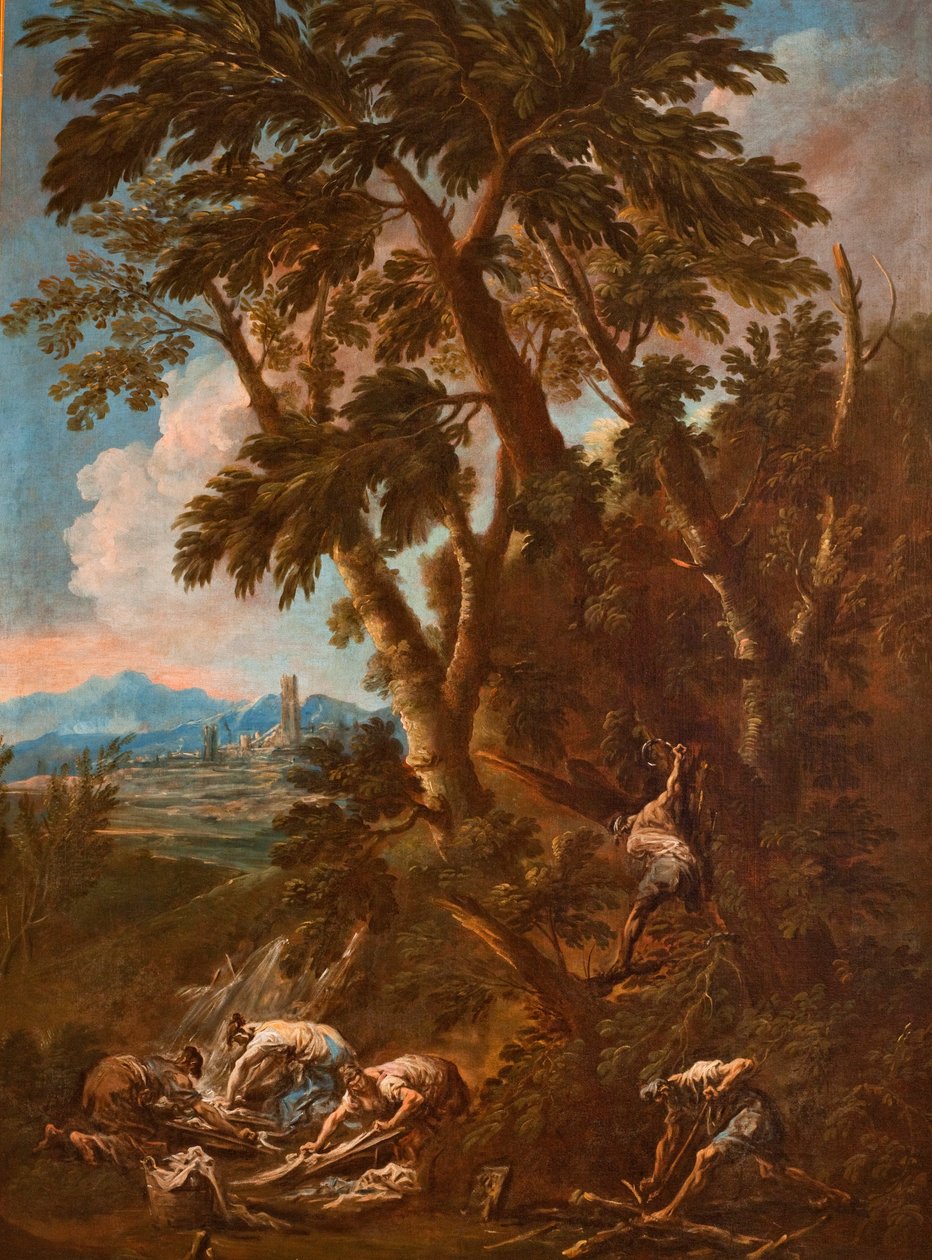 Landschap met wasvrouwen en houthakkers door Alessandro Magnasco