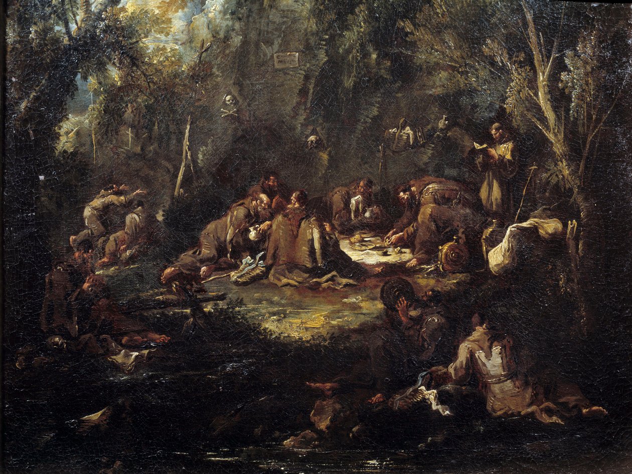 Scène van monastiek leven Monniken ontbijten, bidden en lezen in een kreupelhout. Schilderij door Alessandro Magnasco door Alessandro Magnasco