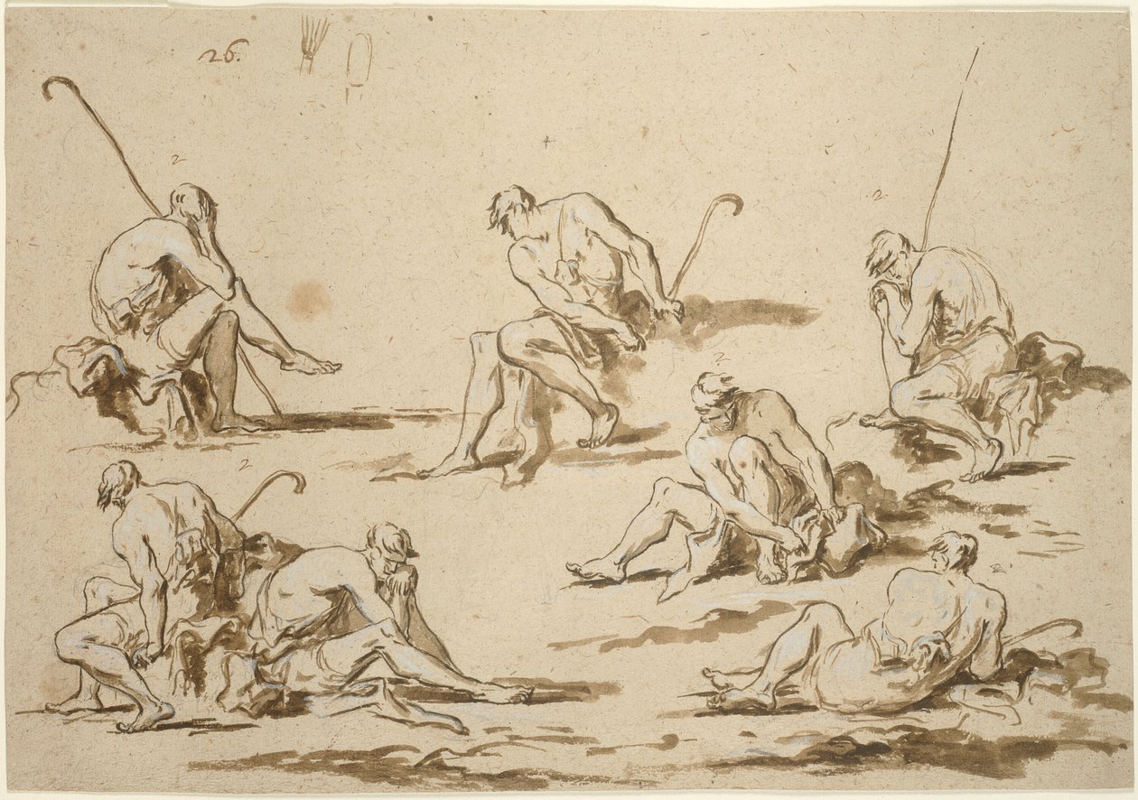 Studieblad met zittende figuren door Alessandro Magnasco