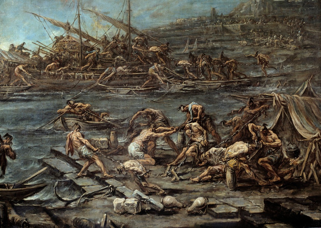Het inschepen van de galeislaven in de haven van Genua (detail) door Alessandro Magnasco