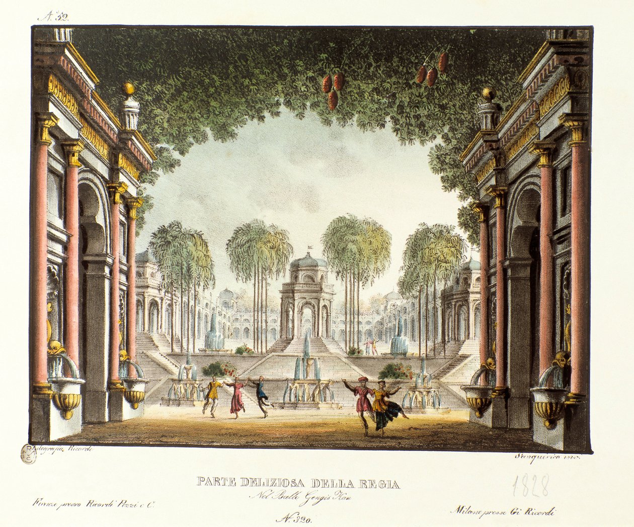 Uitzicht op de koninklijke hof van het paleis van Dzjengis Khan Scenografie voor het ballet Genis-Kan door Giovanni Galzerani (1828) door Alessandro Sanquirico