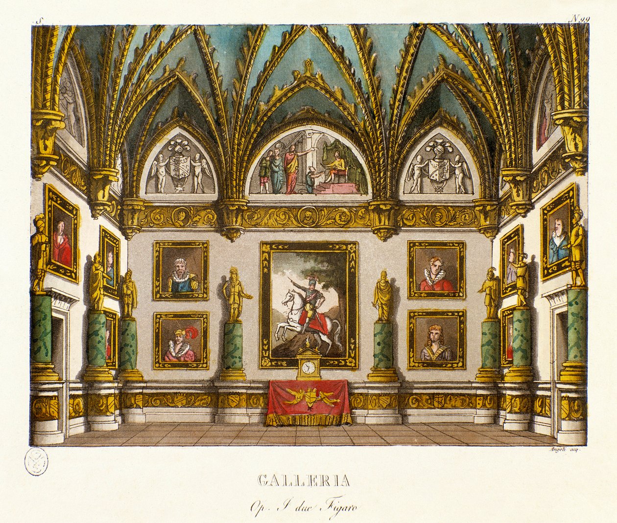 Zicht op de galerij versierd met schilderijen - Scenografie voor de opera 