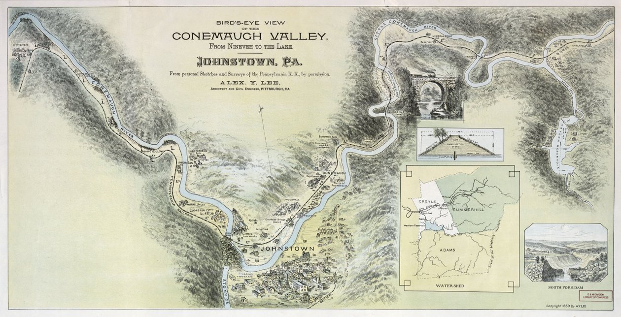 Vogelvlucht van de Conemaugh-vallei van Nineveh tot het meer, Johnstown, Pa. door Alex. Y.; Pennsylvania Railroad Lee