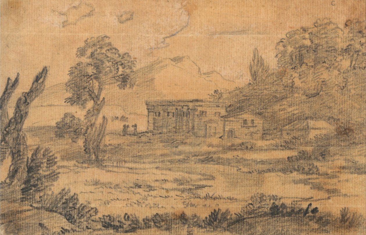 Gebouwen bij een rivier met heuvels op de achtergrond door Alexander Cozens