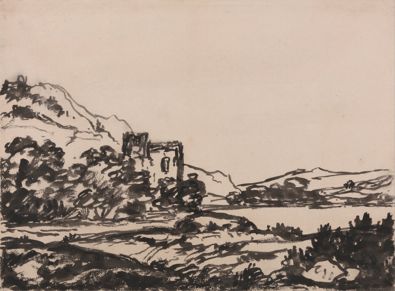 Kasteel in een landschap door Alexander Cozens