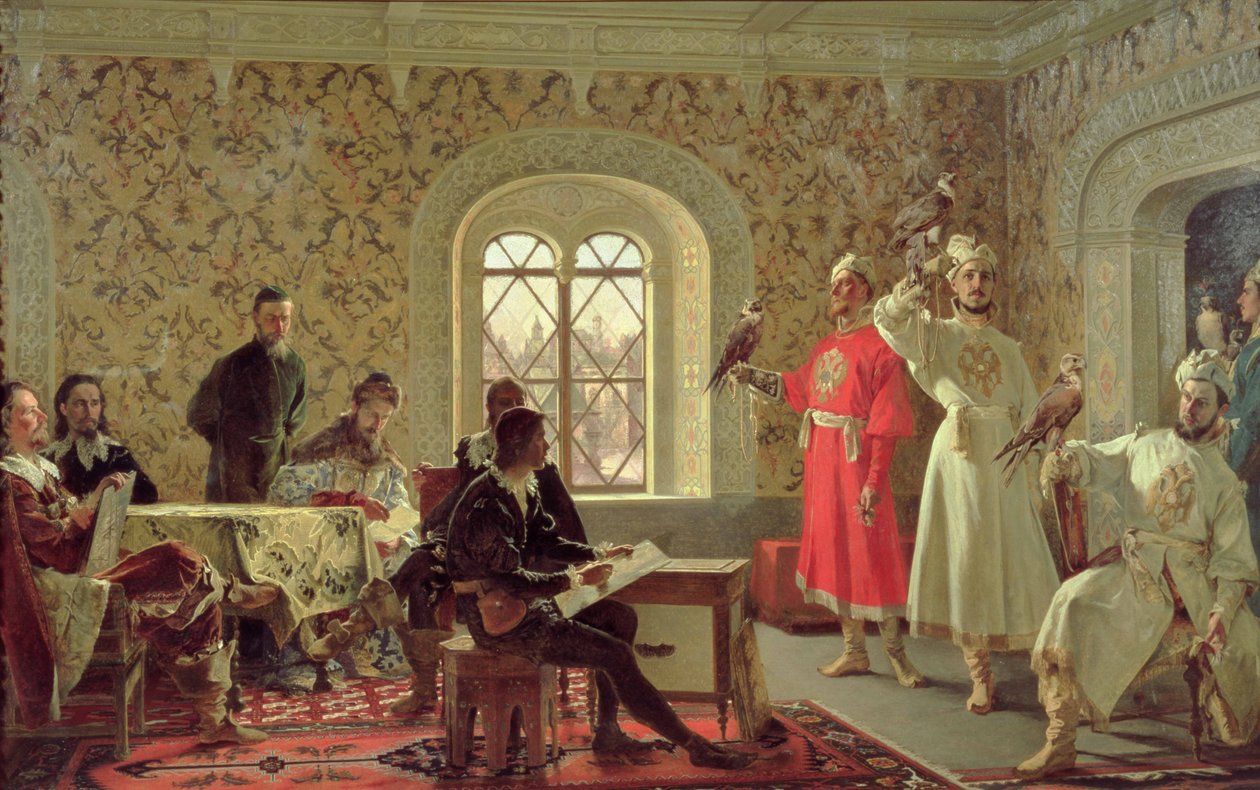 De Italiaanse Ambassadeur Calvuci tekent de valken van Tsaar Alexei Mikhailovich (1629-76) 1889 door Alexander Dimitrievitch Litovtchenko