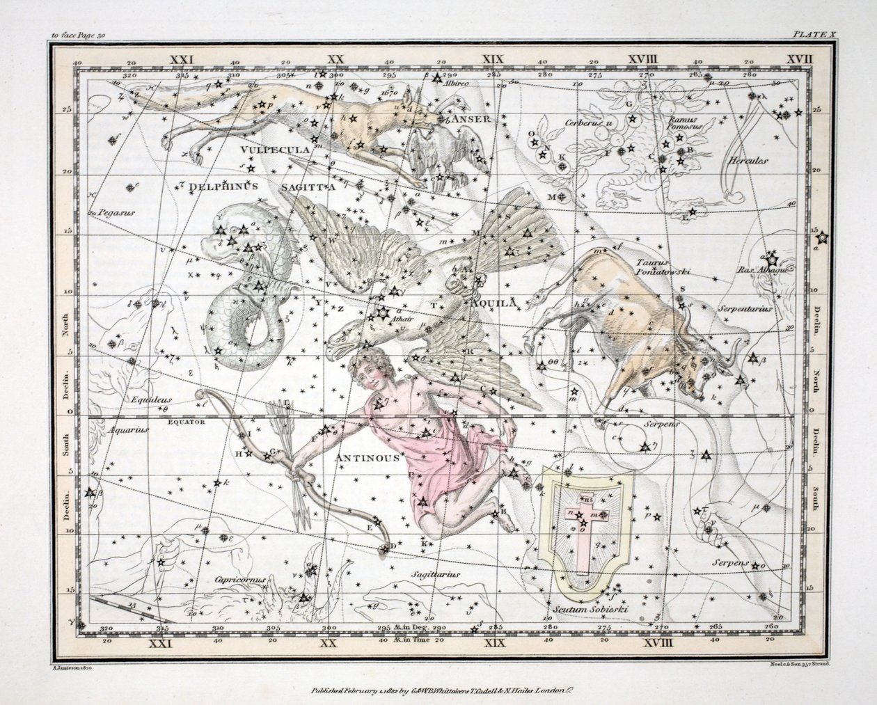 De sterrenbeelden (plaat X) Aquila et Antinous, Scutum Sobieski, Taurus Poniatowski, Sagitta, Valpecula et Anser, en Delphinus, uit 
