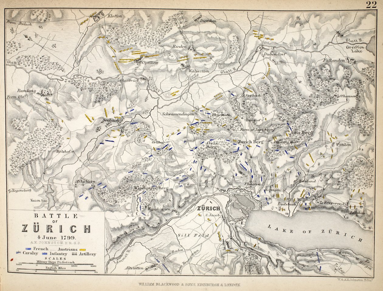 Kaart van de Slag bij Zürich, uitgegeven door William Blackwood en Sons, Edinburgh en Londen, 1848 door Alexander Keith Johnston