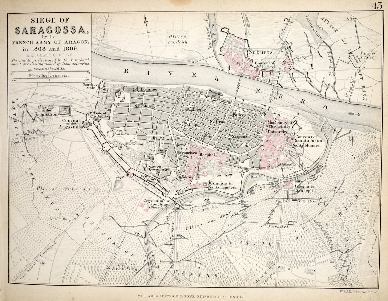 Kaart van het Beleg van Saragossa, gepubliceerd door William Blackwood and Sons, Edinburgh en Londen, 1848 door Alexander Keith Johnston