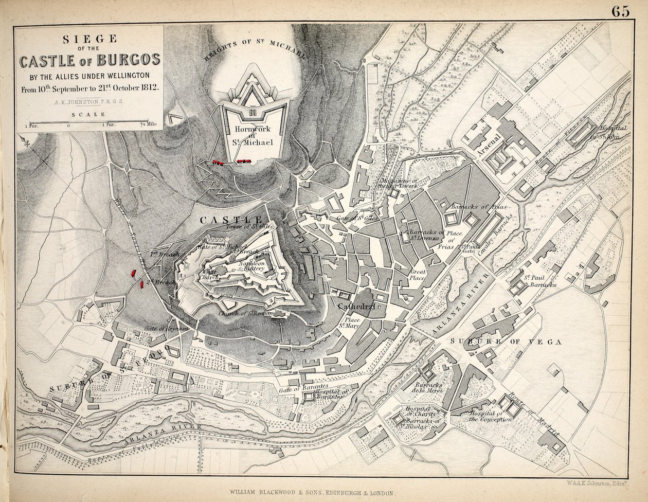 Kaart van het Beleg van het Kasteel van Burgos, uitgegeven door William Blackwood and Sons, Edinburgh en Londen, 1848 door Alexander Keith Johnston