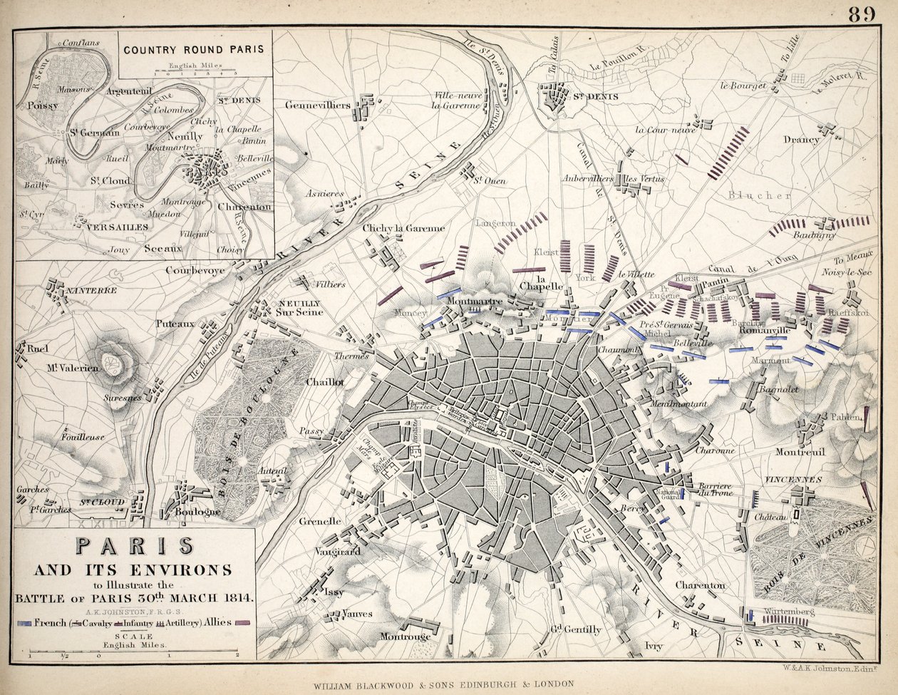 Parijs en zijn omgeving, ter illustratie van de Slag om Parijs, 30 maart 1814, gepubliceerd ca. 1830s door Alexander Keith Johnston