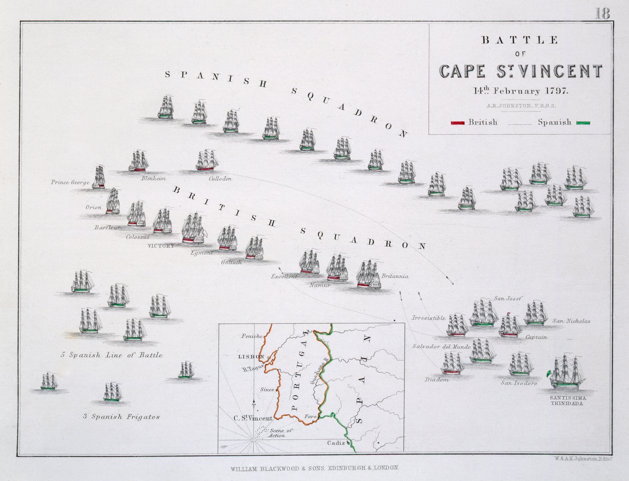 Plan van de Slag bij Kaap St. Vincent, 14 februari 1797, ca. 1830s door Alexander Keith Johnston