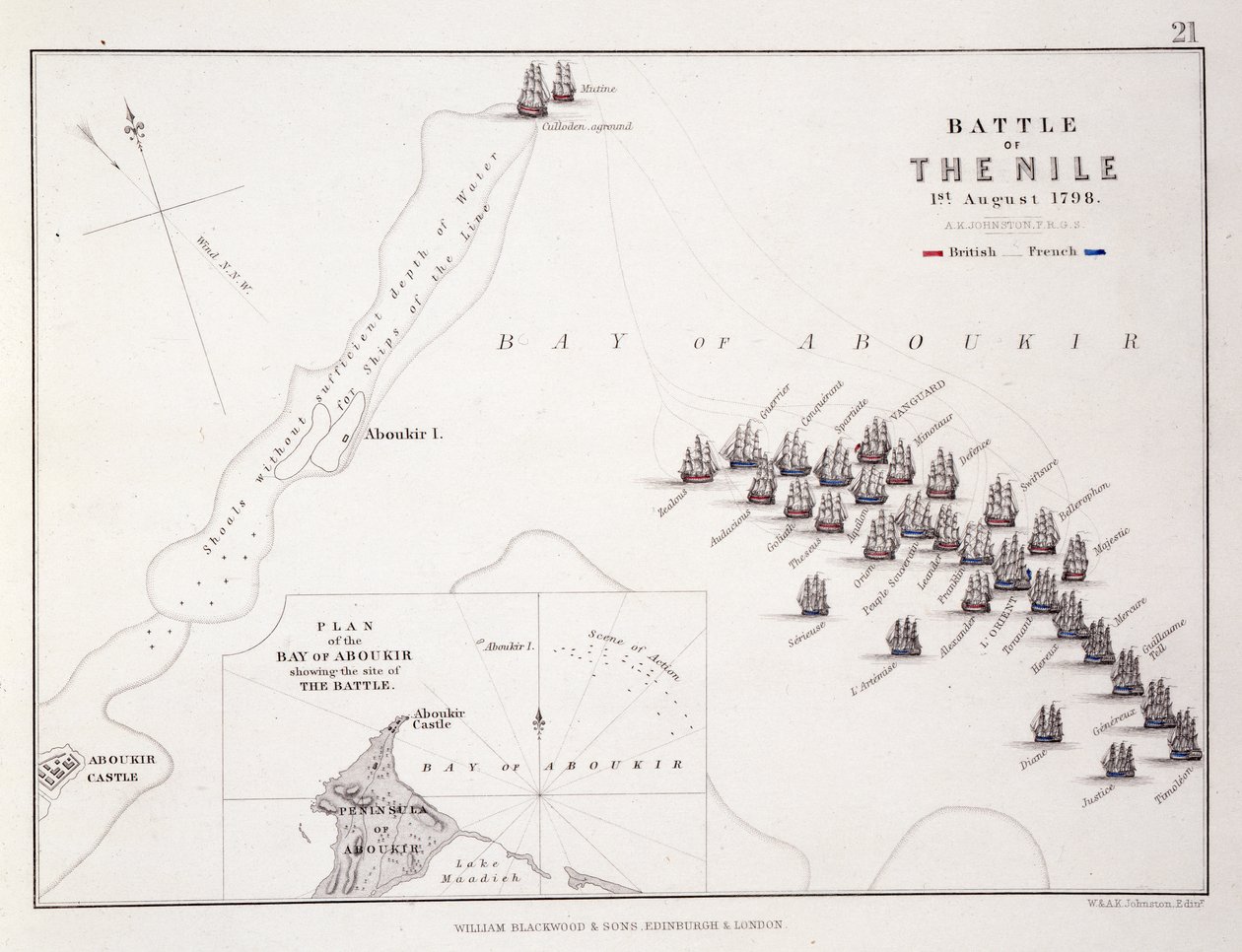 Plan van de Slag bij de Nijl, 1 augustus 1798, ca. 1830s door Alexander Keith Johnston