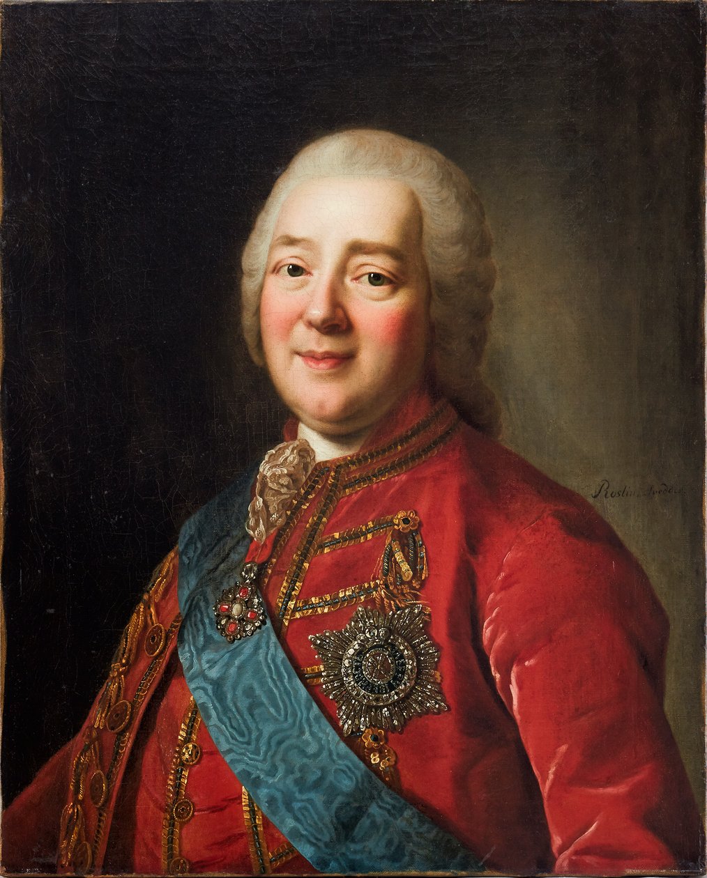 Het portret stelt de Russische graaf Nikita Ivanovitsj Panin (1718–1783) voor door Alexander Roslin