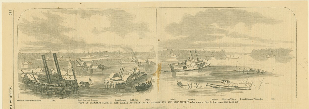 Afdruk van vernietigde stoomschepen met een riviereiland op de achtergrond door Alexander Simplot
