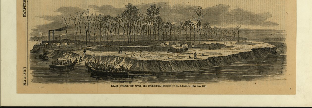 Afdruk van verschillende roeiboten vol soldaten die aanmeren op een riviereiland. Aardwerken, bomen en troepenformatie op het eiland door Alexander Simplot