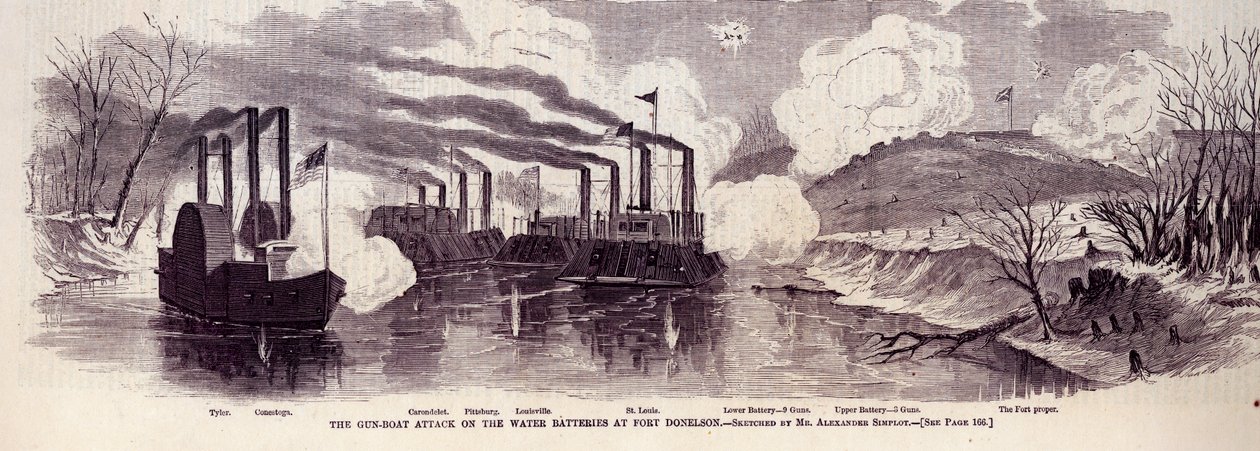 De aanval van kanonneerboten op de waterbatterijen bij Fort Donelson door Alexander Simplot