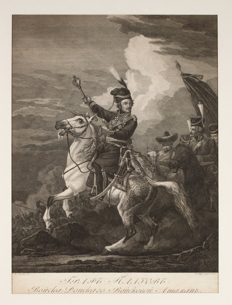 Portret van graaf Platov (1751-1818) te paard door after Alexander Orlowski