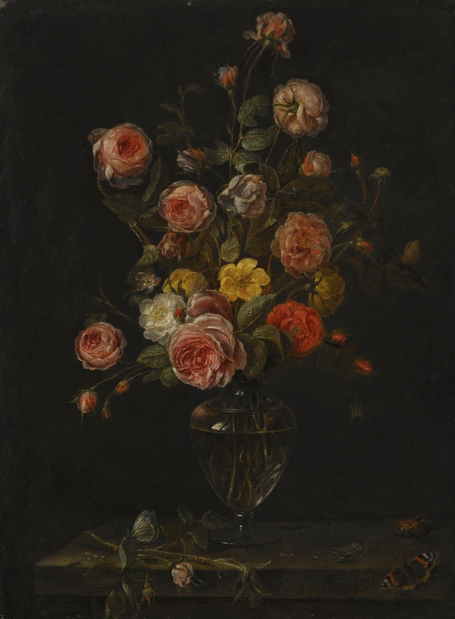 Een stilleven met rode, witte en roze rozen in een glazen vaas boven een stenen richel met vlinders, een sprinkhaan en een kever door Alexander Adriaenssen