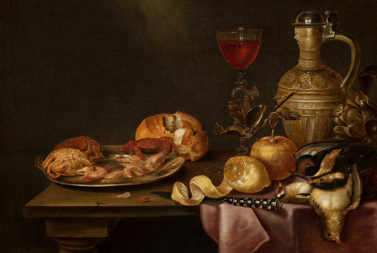Stilleven met garnalen en krabben op een tinnen bord door Alexander Adriaenssen