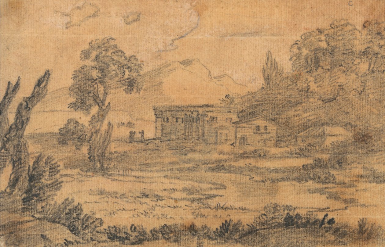 Gebouwen bij een rivier met heuvels op de achtergrond door Alexander Cozens