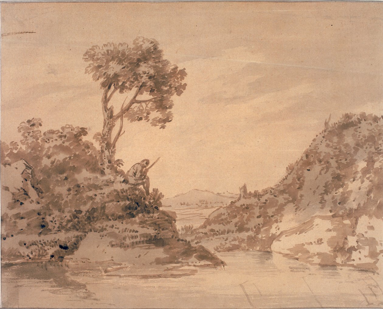 Landschap met Figuur aan de Oever van een Poel door Alexander Cozens