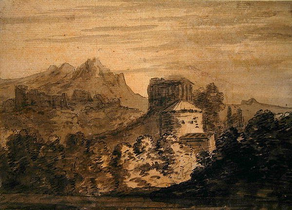 Bergachtig landschap met Italiaanse gebouwen door Alexander Cozens