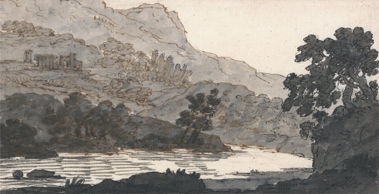 Rivier en Berg, met Ruïnes door Alexander Cozens