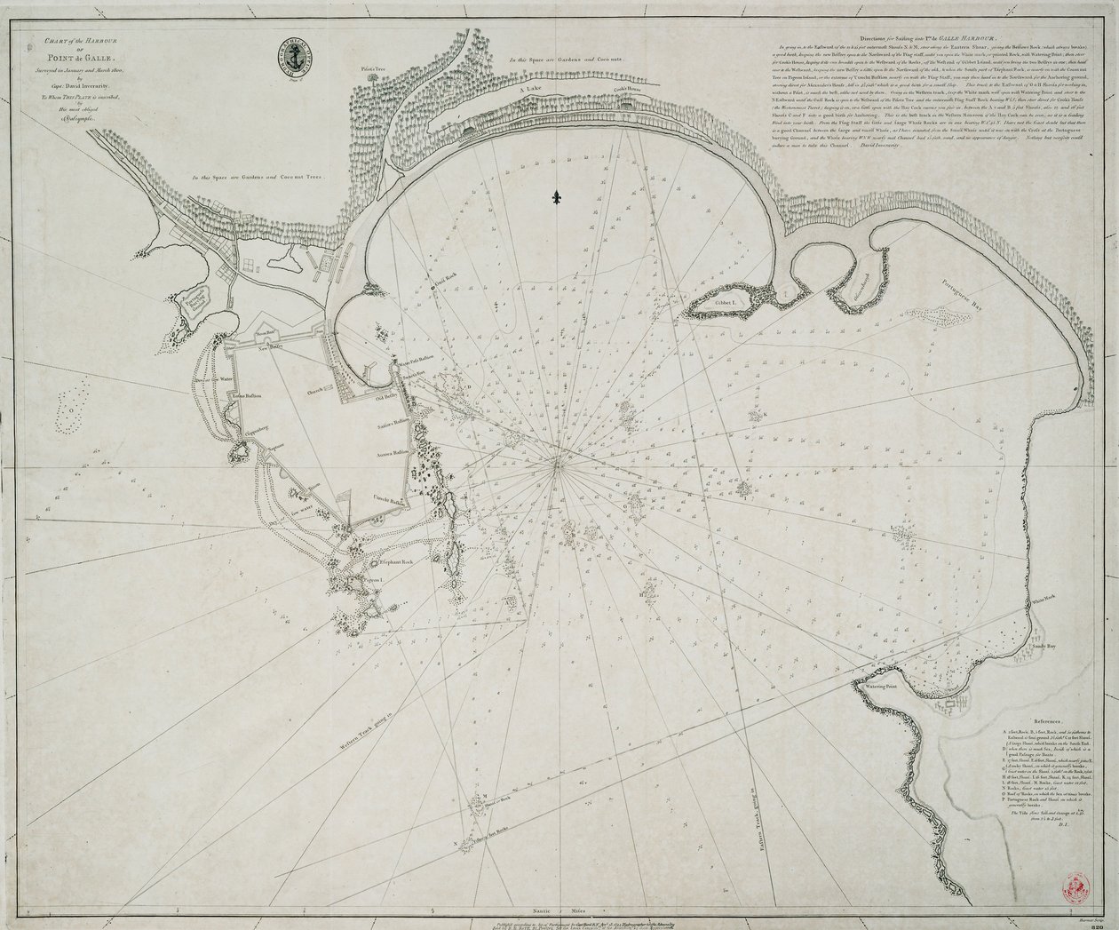 Kaart van de haven van Point de Galle. Onderzocht in januari en maart 1800, door Kapitein David Inverarity. Aan wie deze plaat is opgedragen, door zijn meest verplicht A. Dalrymple. door Alexander Dalrymple