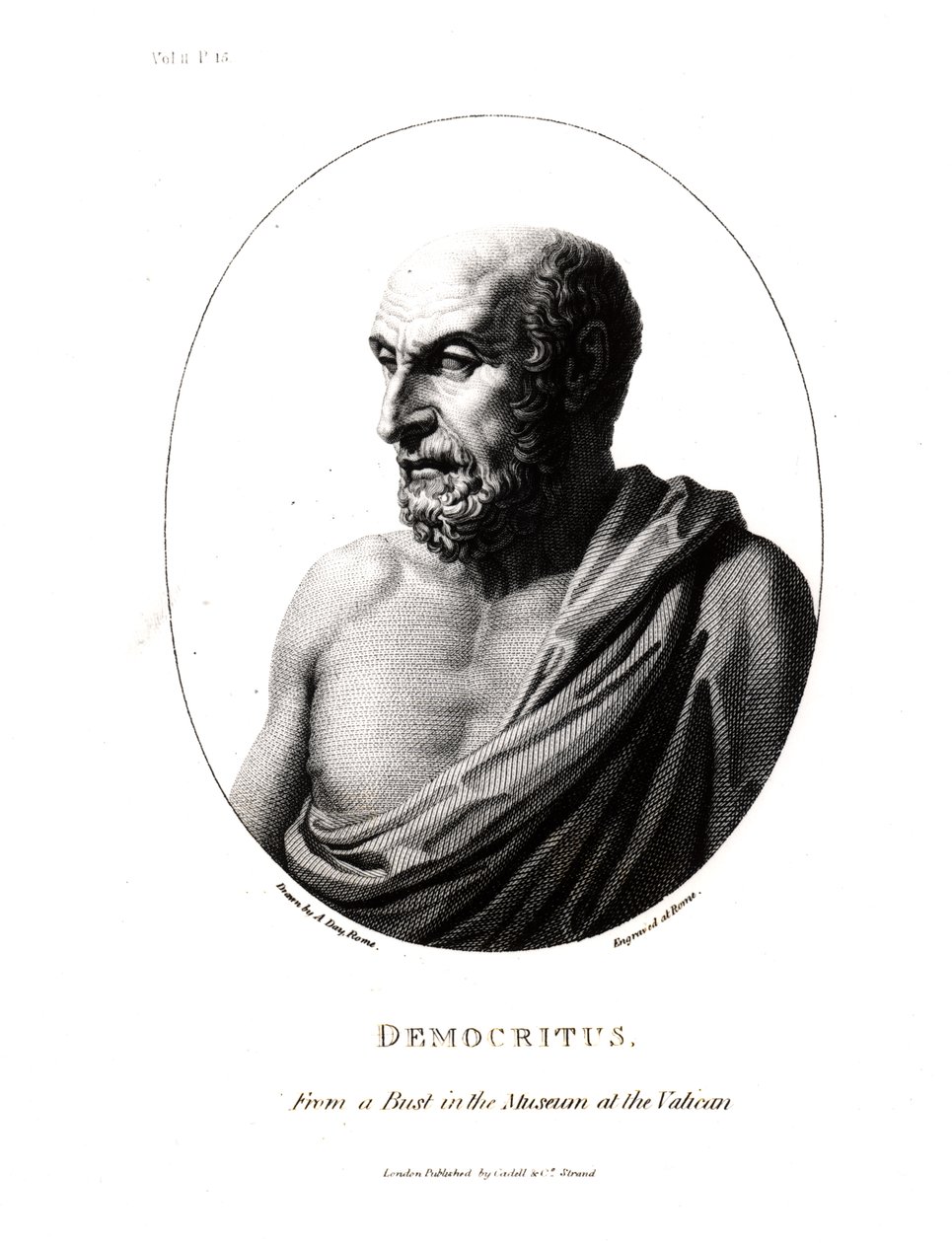 Democritus (ca.460-ca.370 v.Chr.), gegraveerd van een buste in het Vaticaans Museum door Alexander Day