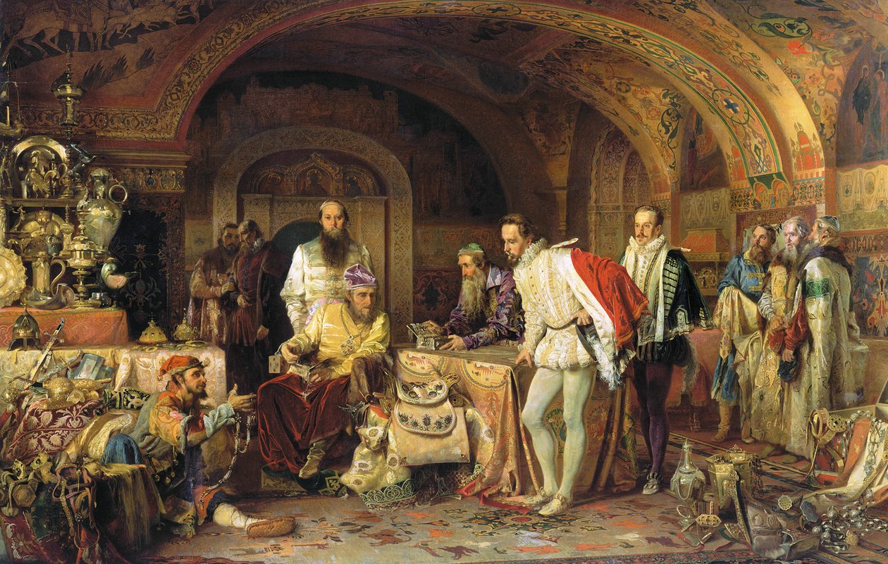 Ivan IV van Rusland toont zijn schatten aan de ambassadeur van koningin Elizabeth I van Engeland, 1875 door Alexander Dmitrievich Litovchenko