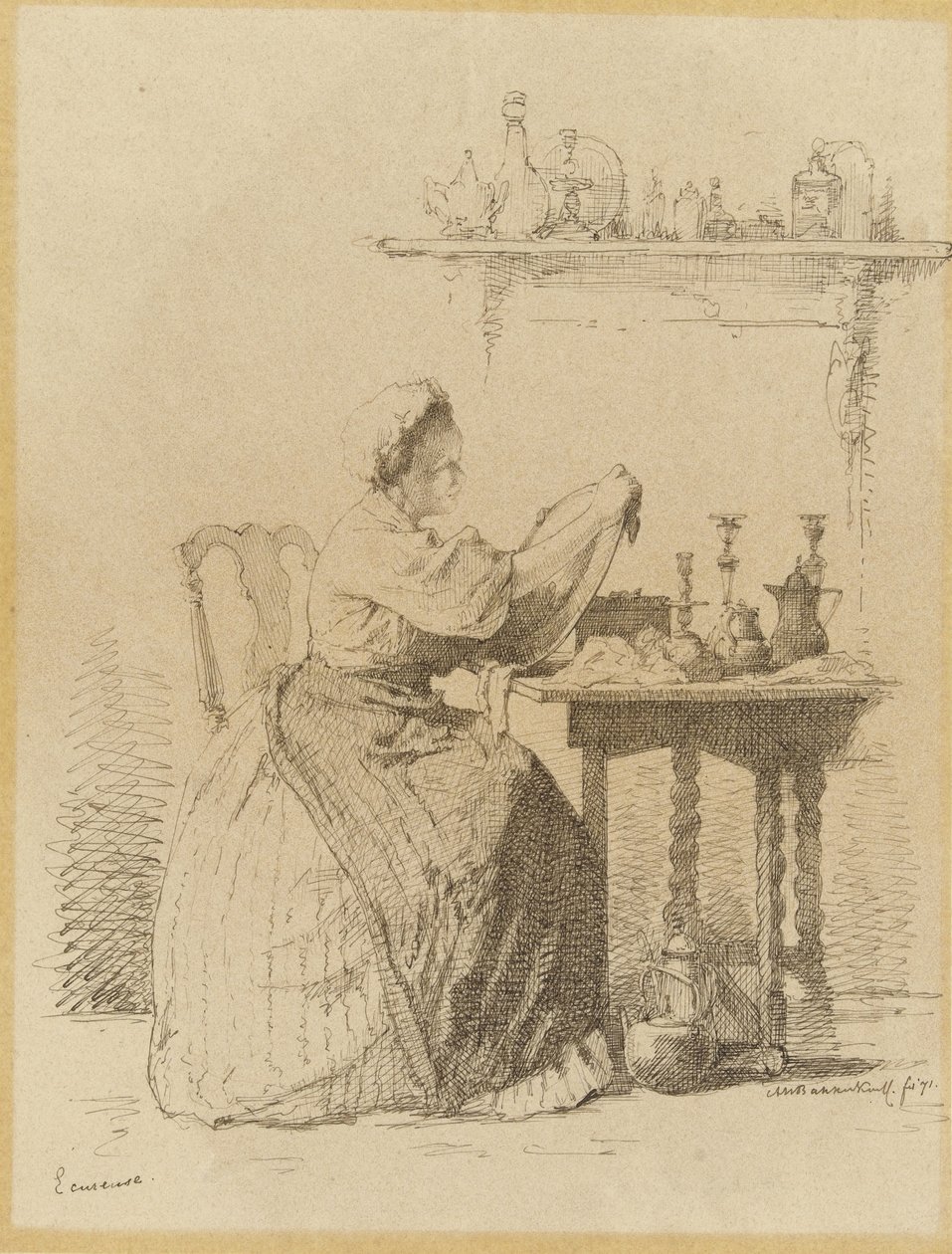 Dienstmeisje dat aan tafel zit te poetsen door Alexander Hugo Bakker Korff