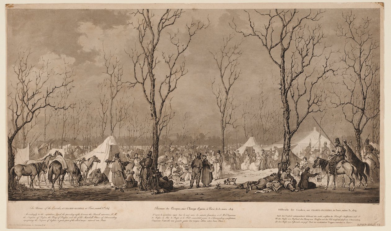 Bivak van de Kozakken op de Avenue des Champs-Elysées in Parijs in maart 1814, 1814 door Alexander Ivanovich Sauerweid