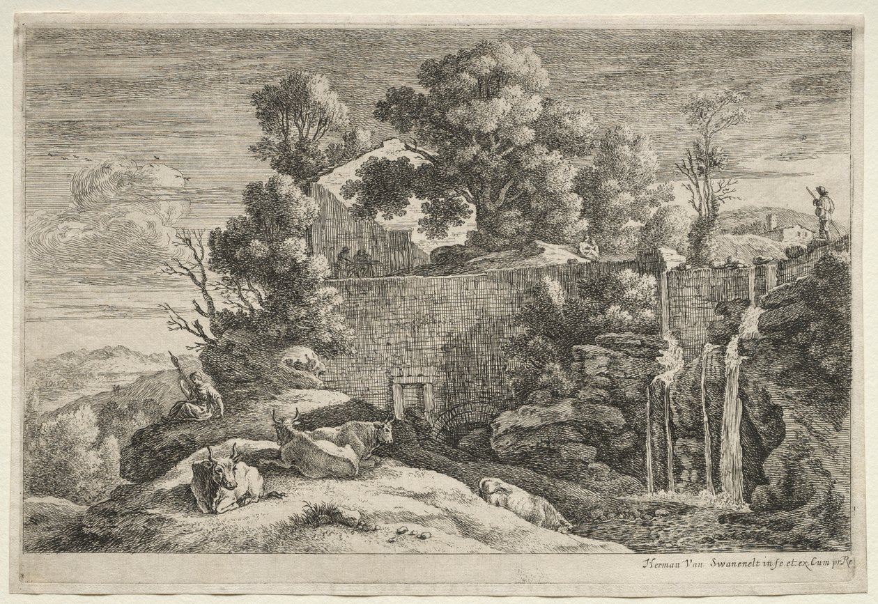 Landschap met een Vrouw die Spint door Alexander Jackson Davis
