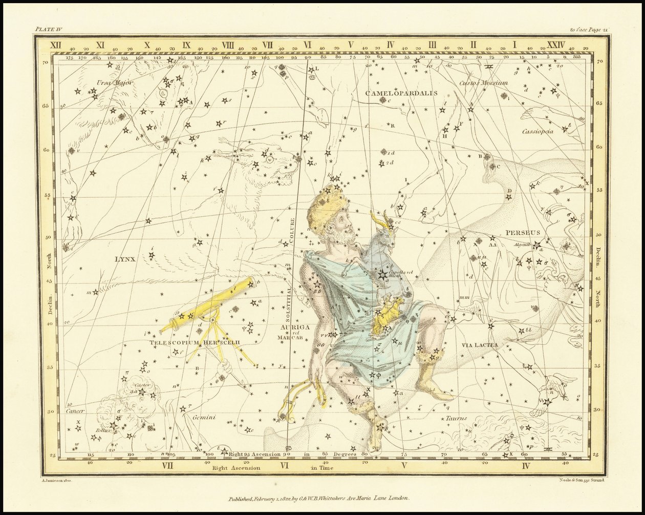 1822 - Alexander Jamieson - Auriga, De wagenmenner (met Hercules Telescoop) door Alexander Jamieson
