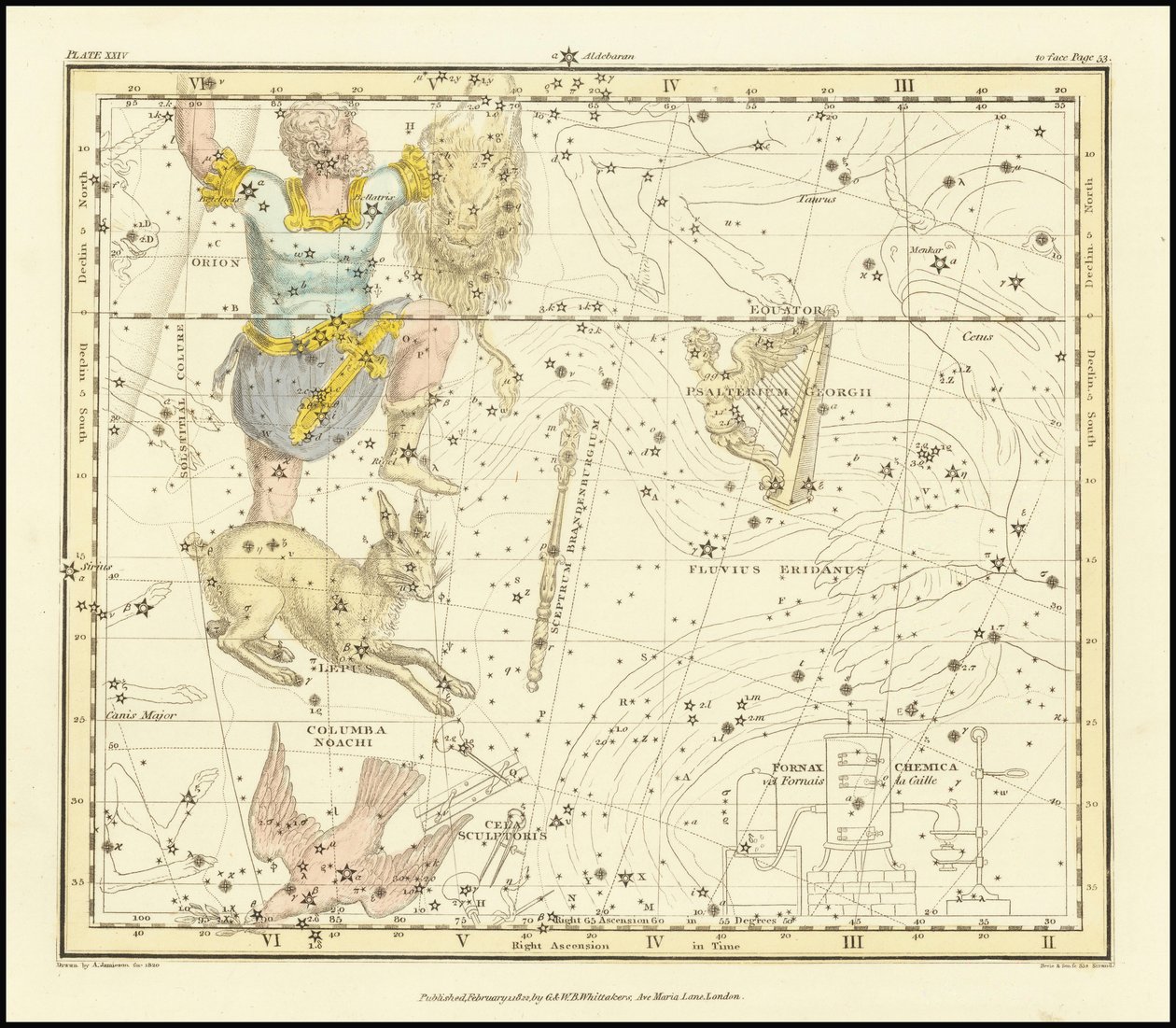 1822 - Alexander Jamieson - Orion, Psaltriem Georgii, Sceptrum Brandenburgium, Lepus en Columba Noachi door Alexander Jamieson