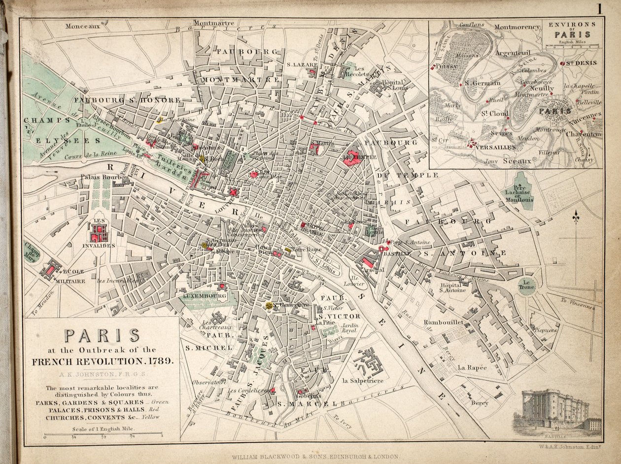 Kaart van Parijs bij het uitbreken van de Franse Revolutie, 1789, uitgegeven door William Blackwood and Sons, Edinburgh en Londen, 1848 door Alexander Keith Johnston