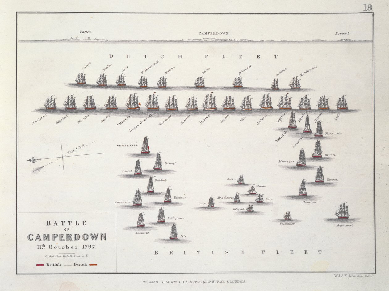 Plan van de Slag bij Camperdown, 11 oktober 1797, c.1830s door Alexander Keith Johnston