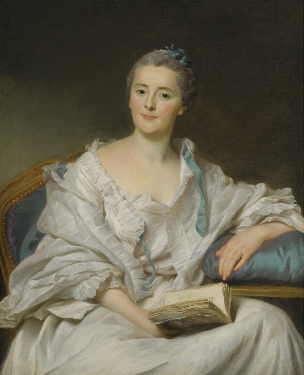 Portret van Marie-Françoise Julie Constance Filleul, Marquise de Marigny met een boek door Alexander Roslin