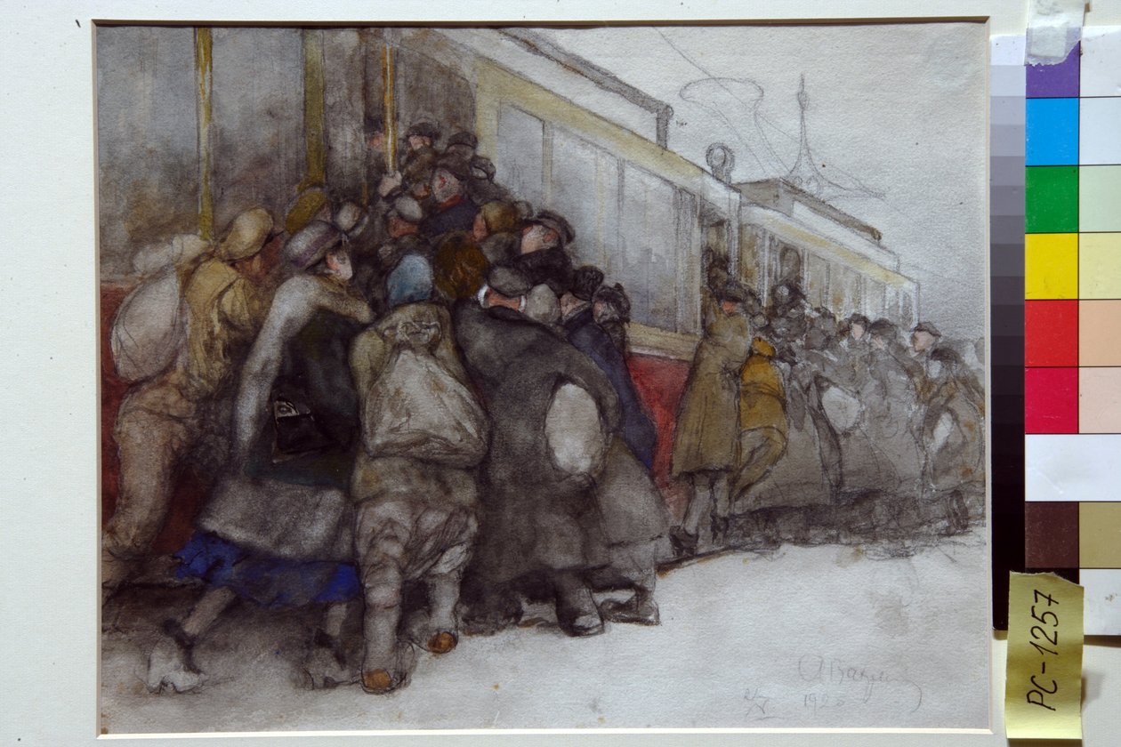 Mensen proberen in een al volle tram te stappen door Alexander Vakhrameyev