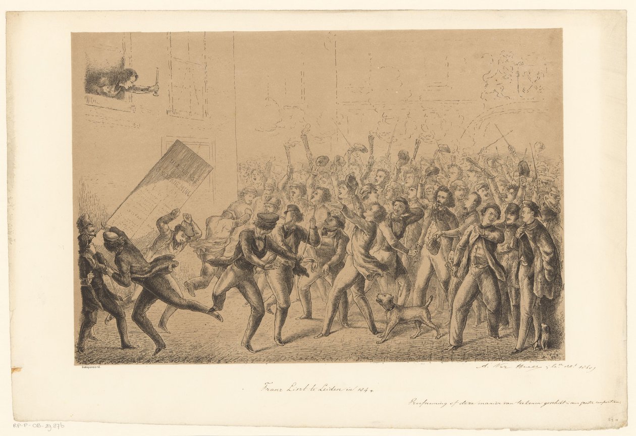 Feestvierende studenten begroeten hun idool Franz Liszt door Alexander Ver Huell (signed by artist)