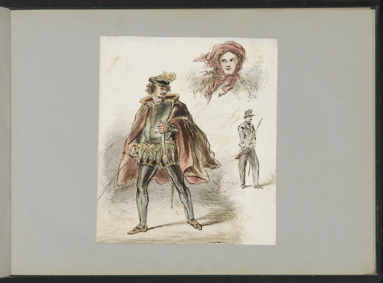 Man in historisch kostuum, een vrouw met hoofddoek en een soldaat door Alexander Ver Huell